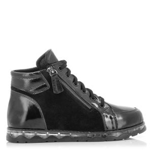 Women`s Flat Ankle Boots-84 ARANCA BLACK PATENT