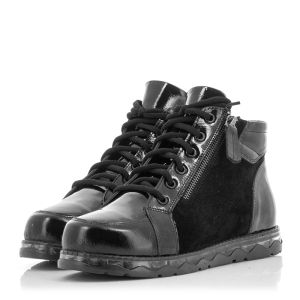 Women`s Flat Ankle Boots-84 ARANCA BLACK PATENT